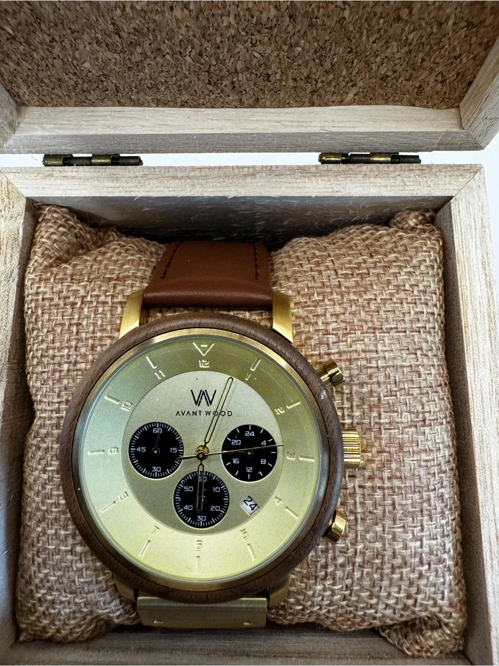 Avantwood Men's Brown Leather Chronograph Watch - Gold Dial
